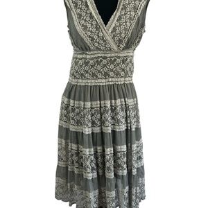 Max Studio Sage Gray Lace Tiered Dress,Romantic Boho Cottagecore Mid SZ M